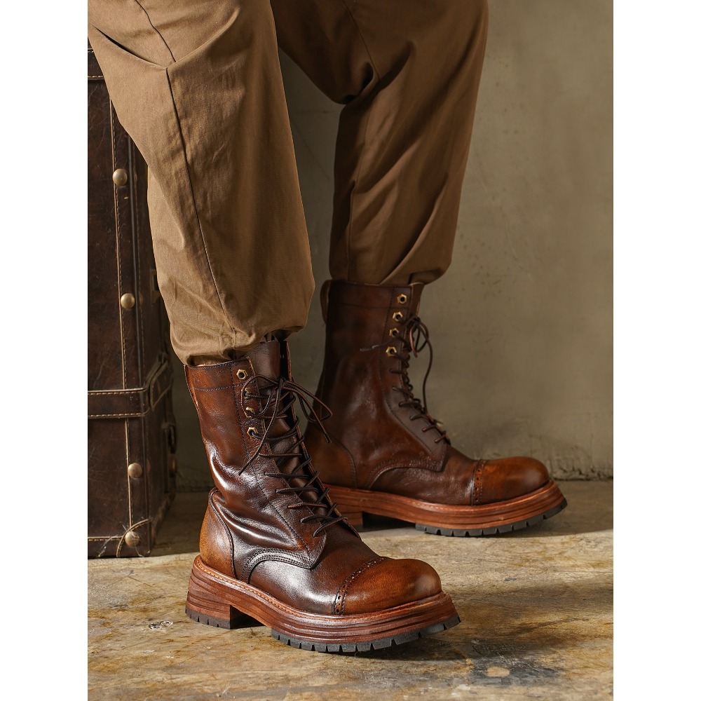 Men'S Shoes Brogues - 남성용 천연 가죽 모터사이클 부츠 브로그