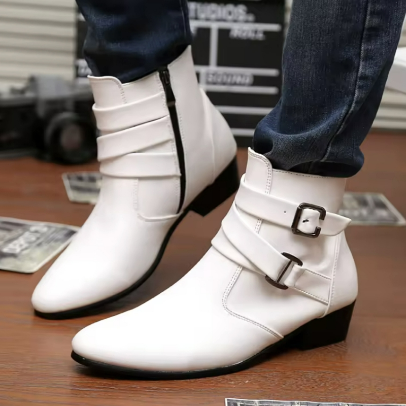 럭셔리 남성 부츠 가죽 첼시 부츠 하이 탑 버클 스트랩 - Men Shoes White Colour 리뷰 및 가격